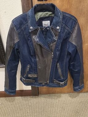 Harley-Davidson Two-Tone Denim & Leather Biker Jacket - Navy/Black